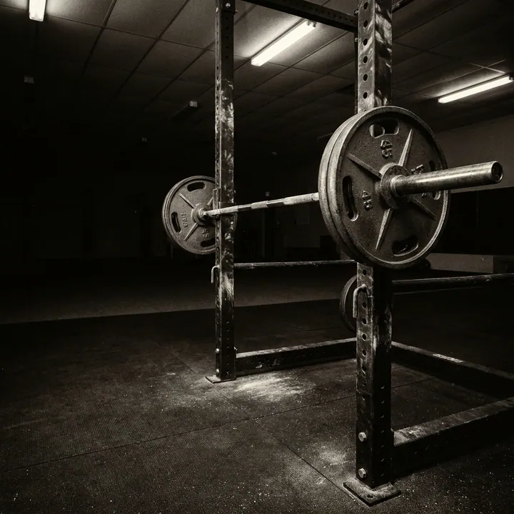 A loaded barbell racked in an empty commercial gym at night.