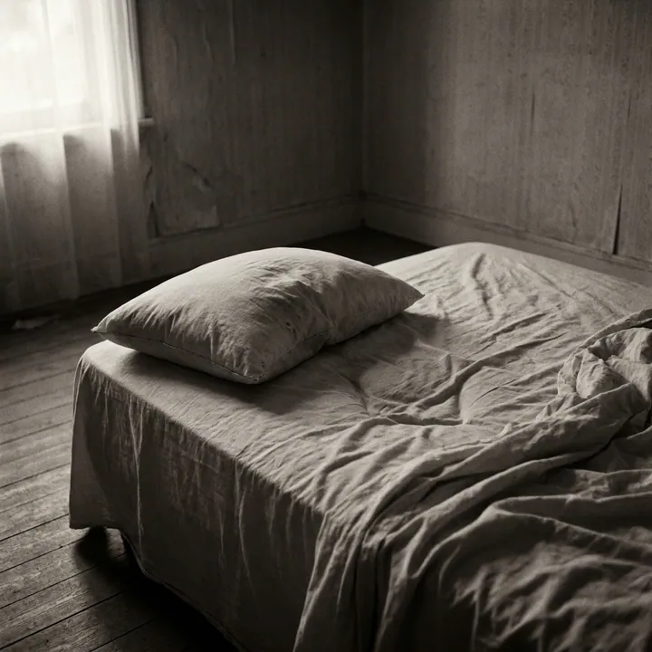 Unmade bed at dawn, rumpled sheets, empty space.