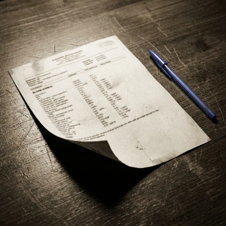 A single lab printout sliding across a worn wooden desk.