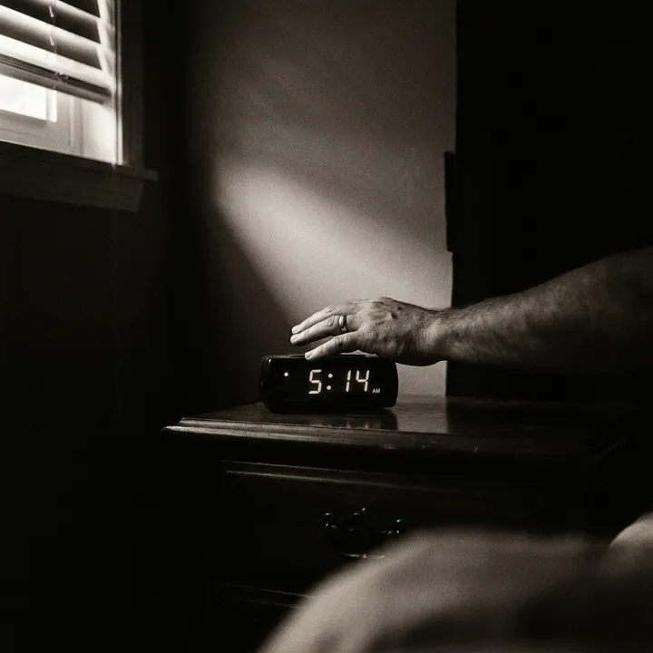 Hand hovering over a 5:14 a.m. alarm clock on a wooden nightstand in a dim bedroom.