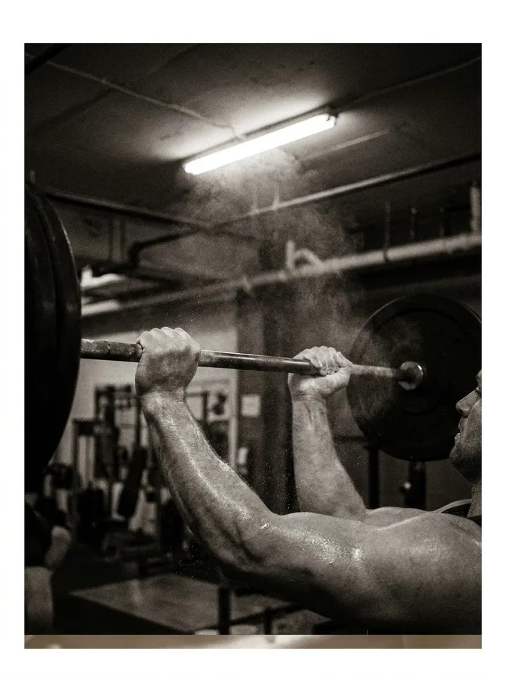 Close-up of a lifter's forearms gripping a loaded barbell mid-set.