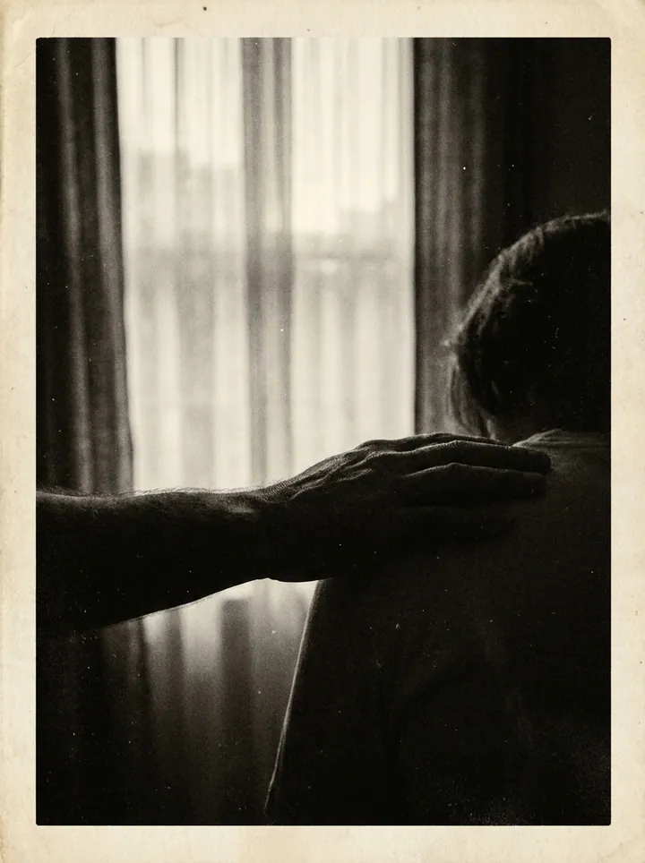 Backlit silhouette of a hand resting on a partner's shoulder in soft window light.