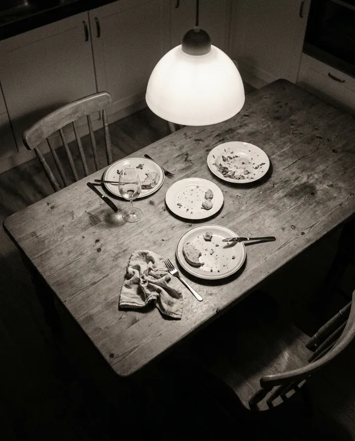 Overhead view of a worn wooden kitchen table after a family dinner.