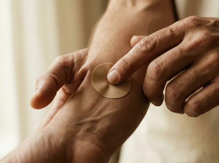 A hand pressing a small transdermal patch onto an inner forearm.