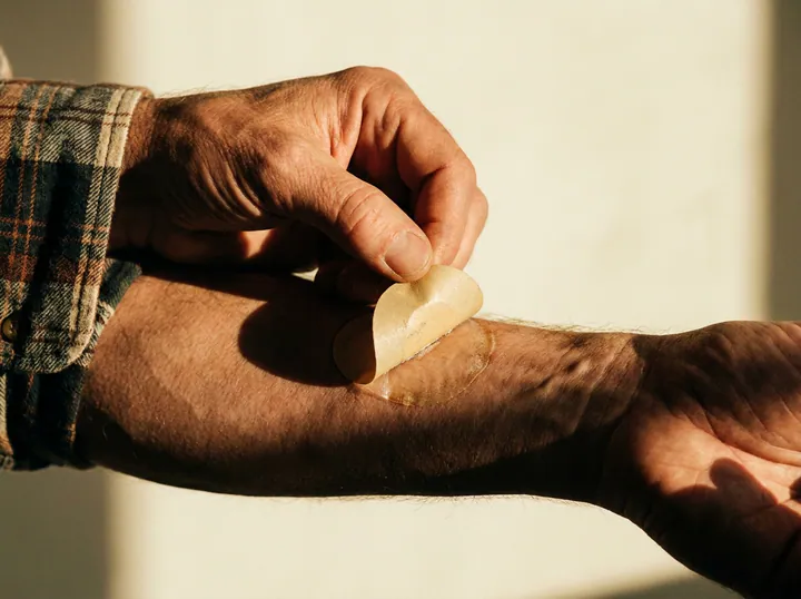 A hand peeling the used patch off the inner forearm at the end of a 24-hour wear.