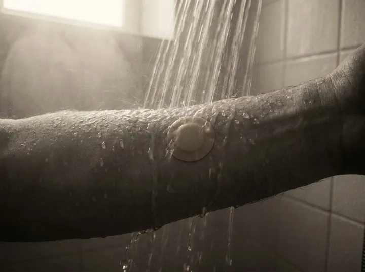 Water beading on an inner forearm and over the adhered patch in a steamy shower.